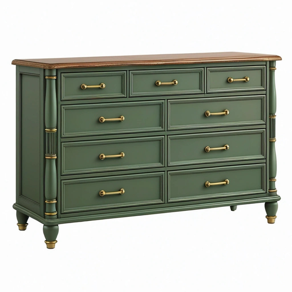 Cassettiera 140 x 45 x 90 cm in legno verde - 9 cassetti stile classico