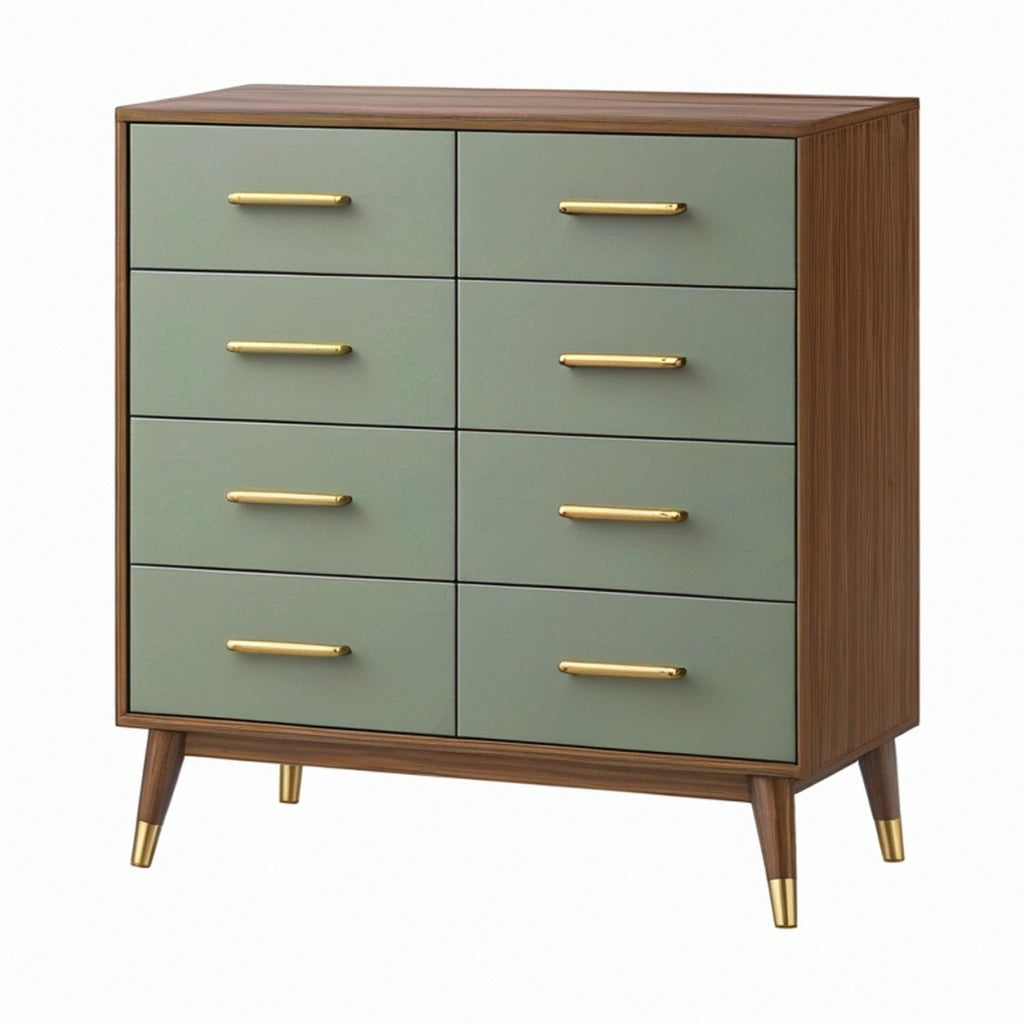 Cassettiera 100 x 45 x 120 cm in legno verde salvia e noce con 8 cassetti stile moderno