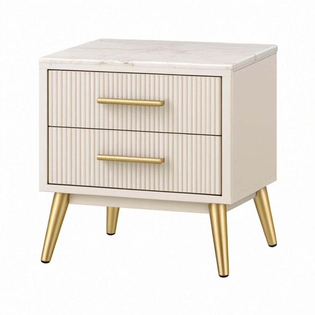 Comodino 50 x 40 x 55 cm in legno bianco con piano effetto marmo e 2 cassetti