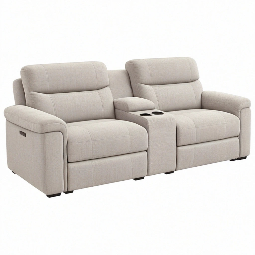 Divano reclinabile 2 posti 190 cm in tessuto beige con portabicchieri