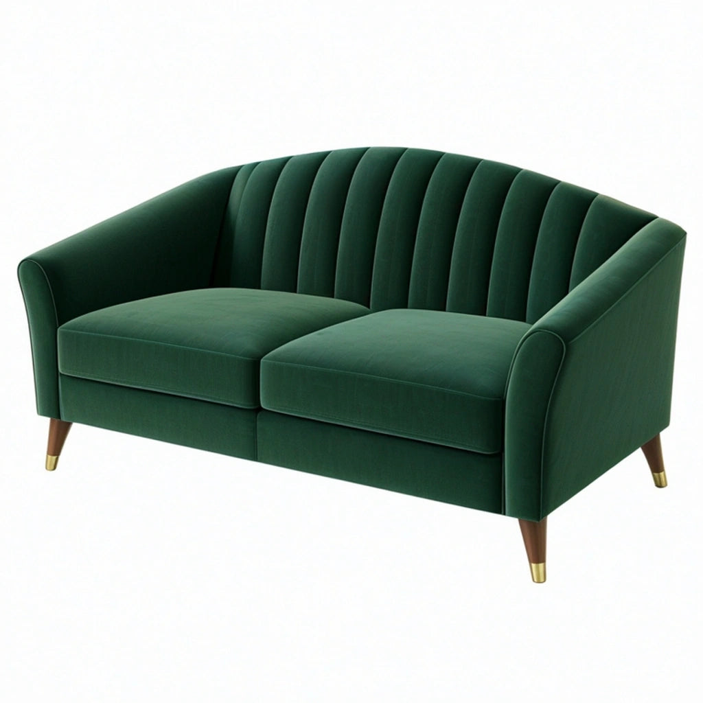Divano 2 posti 160 cm in velluto verde - stile retrò con schienale scanalato
