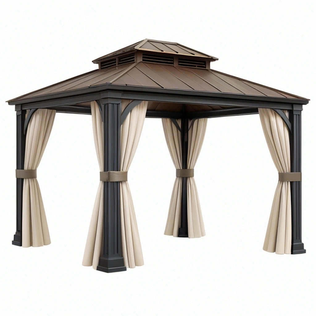Gazebo da giardino 300 x 300 x 290 cm in metallo nero con tende beige - copertura rigida classica
