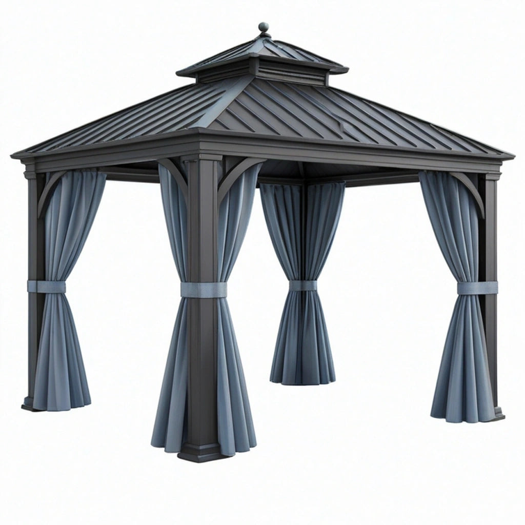 Gazebo da giardino 300 x 300 cm in metallo grigio antracite con tende e tetto a padiglione