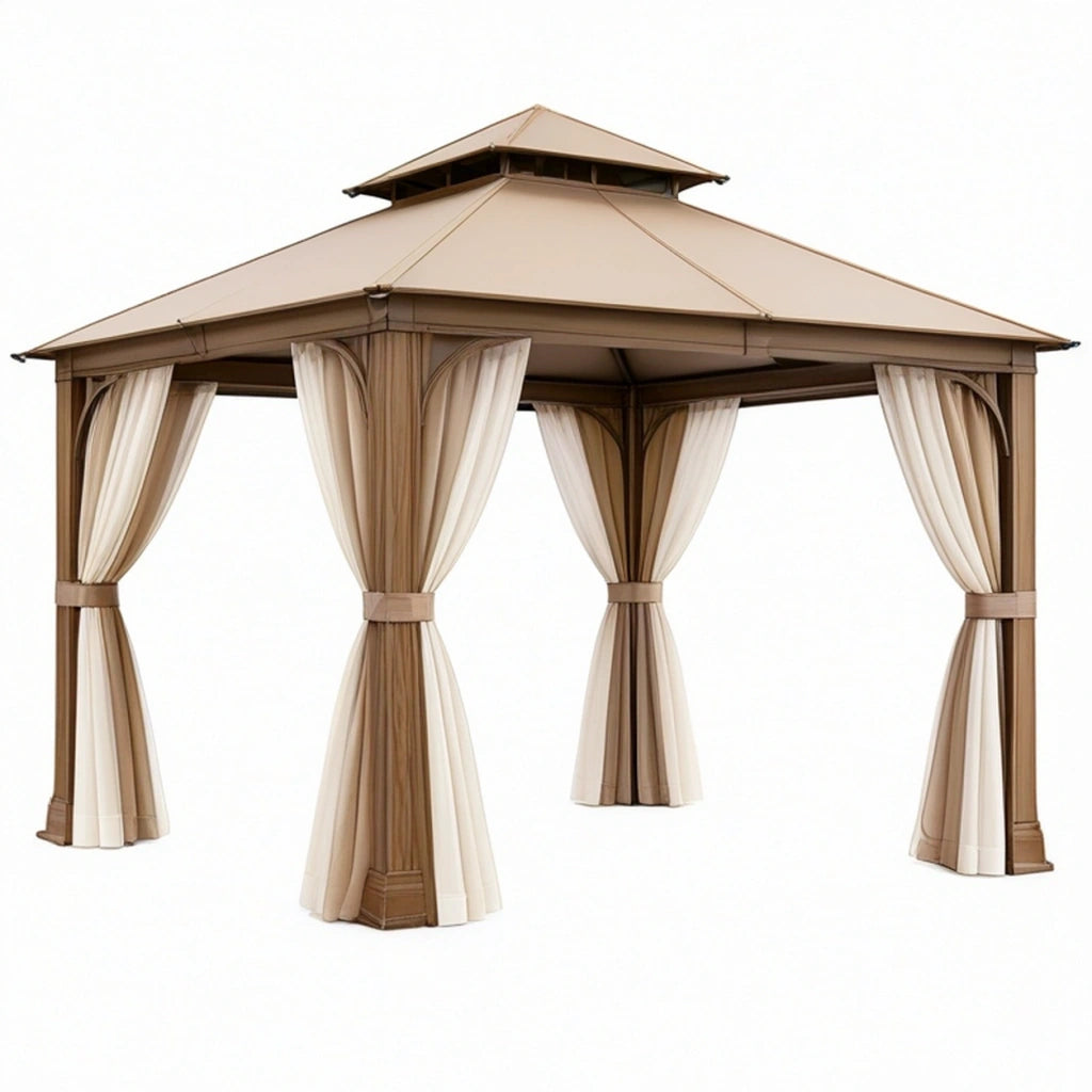 Gazebo da giardino 300 x 300 cm in acciaio e poliestere beige con tende