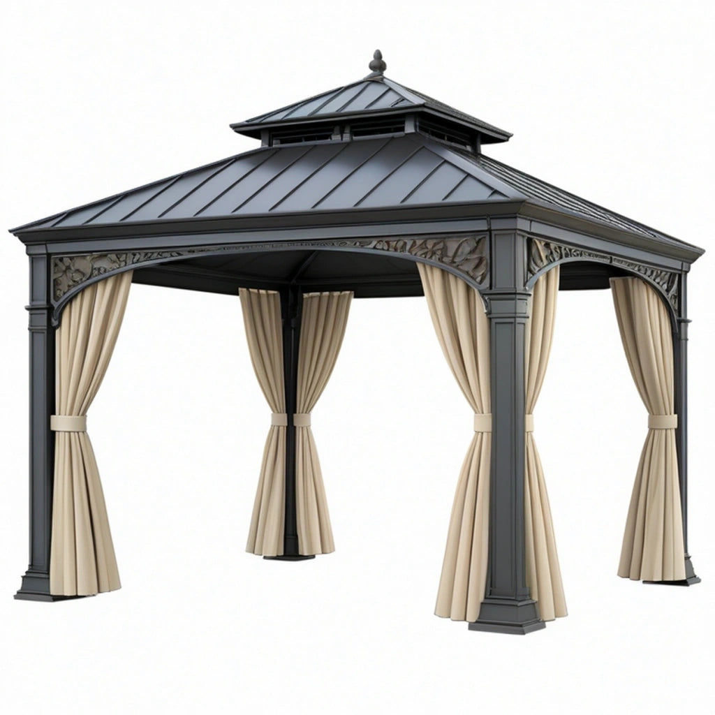 Gazebo da giardino 300 x 300 x 300 cm in metallo grigio con tende beige stile classico