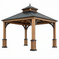 Gazebo 400 x 400 x 350 cm in legno marrone con tetto in metallo nero - struttura da giardino classica