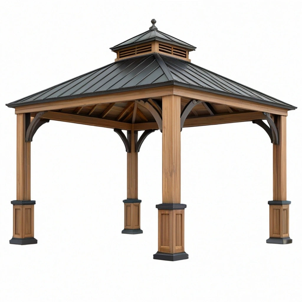 Gazebo 400 x 400 x 350 cm in legno marrone con tetto in metallo nero - struttura da giardino classica