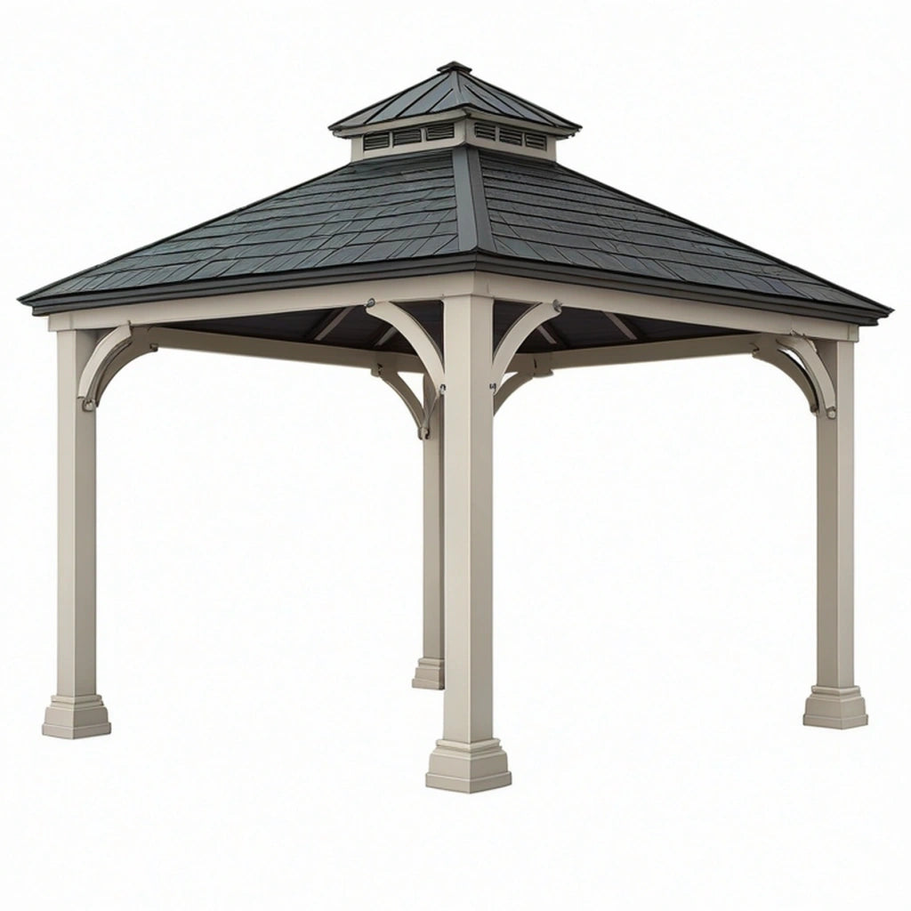 Gazebo 300 x 300 cm in metallo beige con tetto rigido grigio per esterno