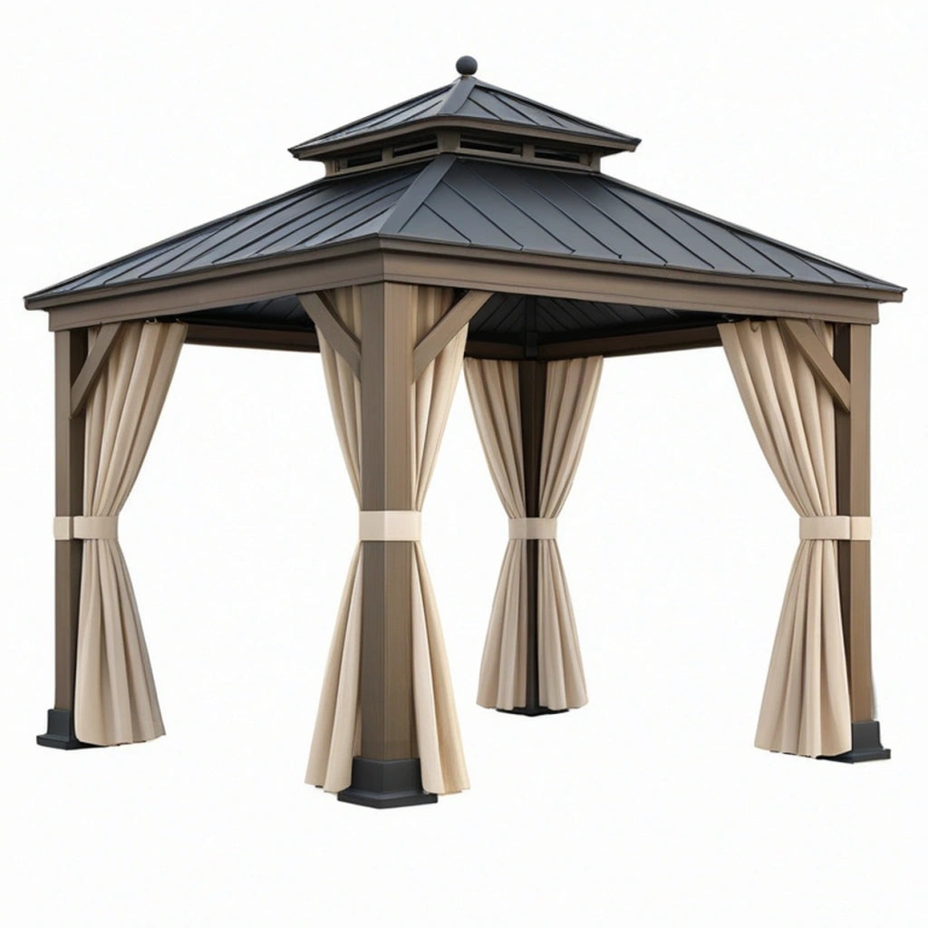 Gazebo da giardino 300 x 300 x 300 cm in metallo marrone con tende beige - copertura per esterni