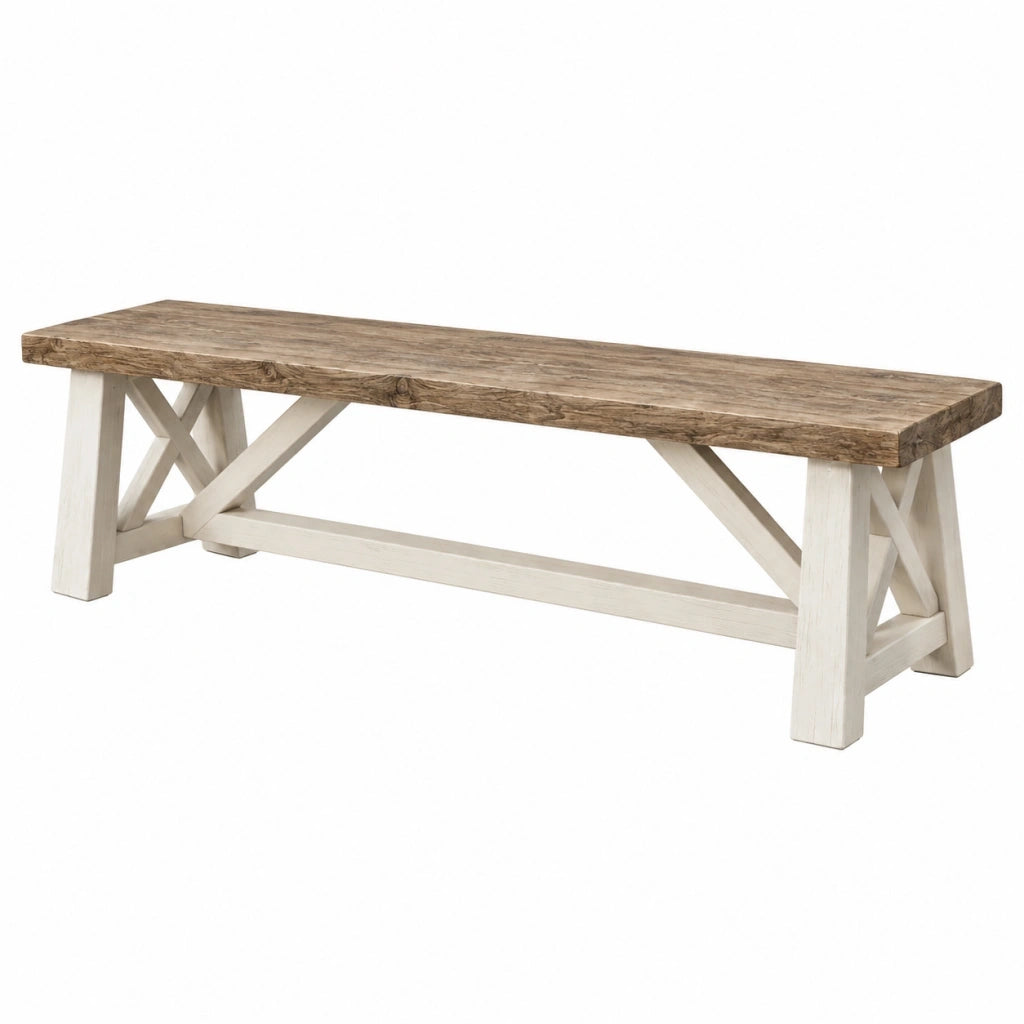 Panca 180 x 35 x 45 cm in legno marrone e bianco stile rustico
